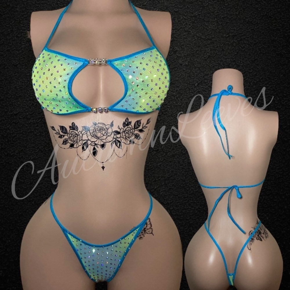 Glamorous Rhinestone Bikini Set in Blue and Green